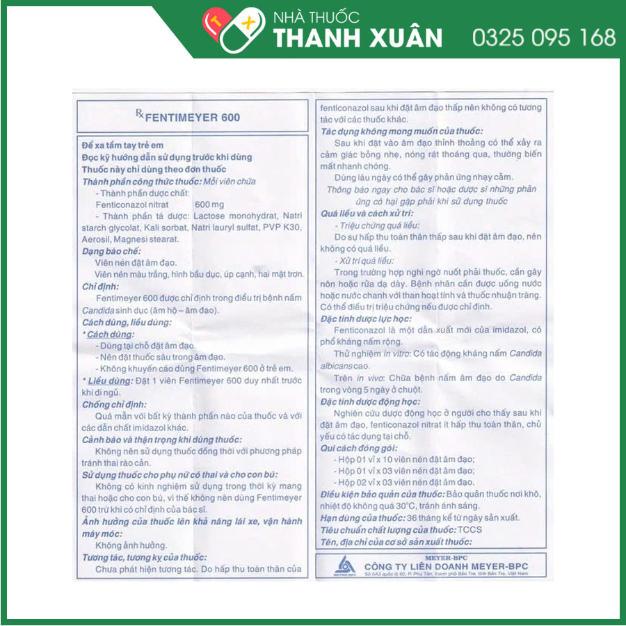 Fentimeyer 600 điều trị bệnh vi nấm Candida ở niêm mạc âm đạo